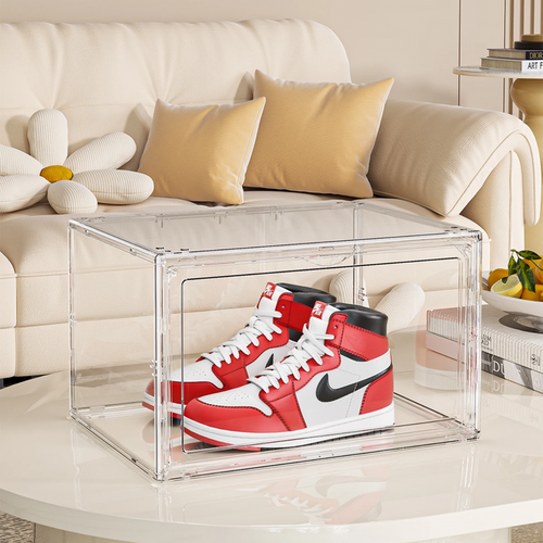 Shoes are Organized at Stackable Transparent Shoe Box Organizer.