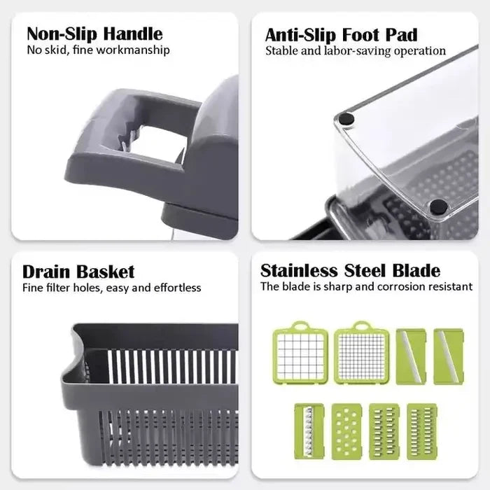 Someone is using a 12-in-1 Multifunctional Kitchen Vegetable Slicer Dicer with an Adjustable Mandolin Chopper