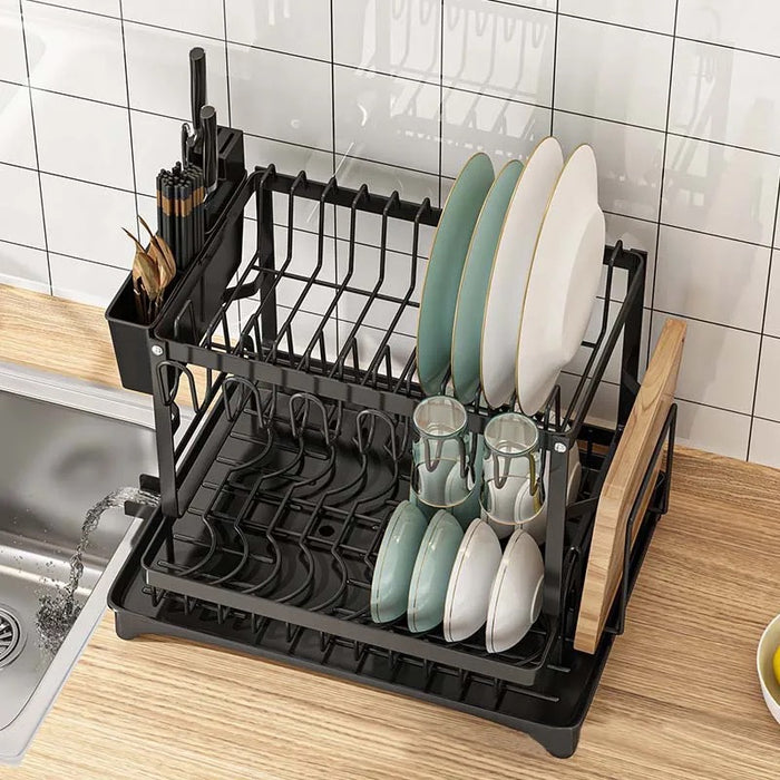 2 Tier Dish Drying Rack with Cutlery Holder, Cup Rack, Drainboard