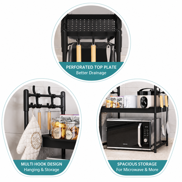 2-Tier Multifunctional Microwave Oven Storage Rack with perforated top plate, multi-hook design, and spacious storage for microwave and more.