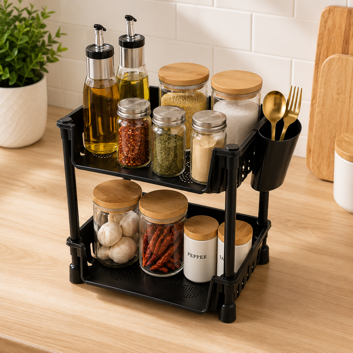 2-Tier Multifunctional Storage Rack is Organized with Spices at Kitchen countertop.