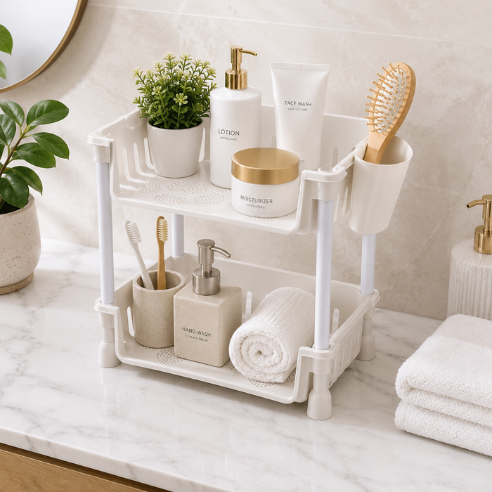 2-Tier Multifunctional Storage Rack is organized with bathroom essentials at washroom area.