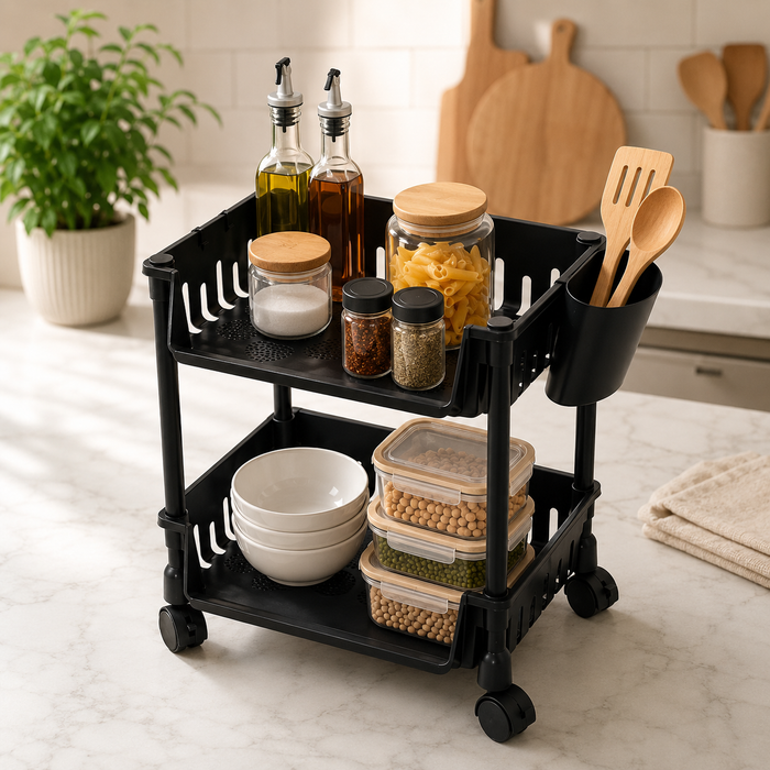 2 Tier Multifunctional Storage Rack organized with kitchen essentials.