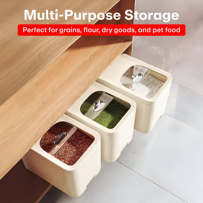 20L Multi-Functional Rice Storage Buckets with grains under kitchen cabinet.