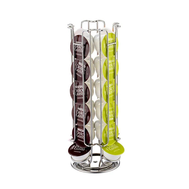 24 Coffee Pod Holder - Rotating Chrome Tower Storage Stand for Coffee Capsules