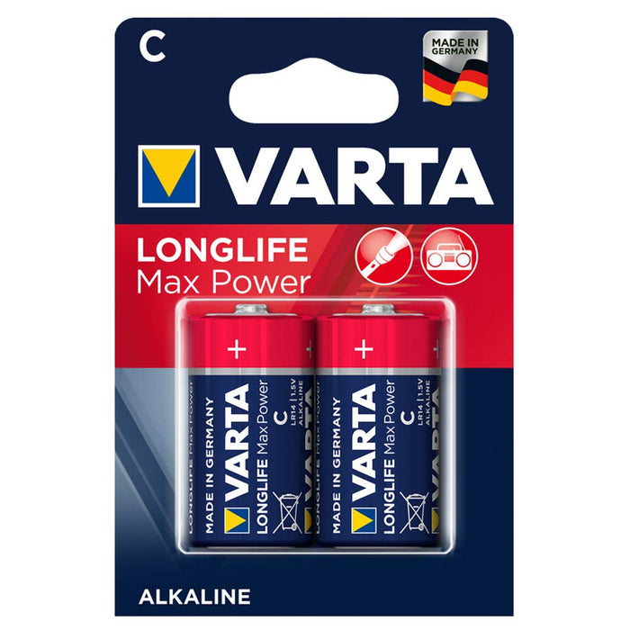 2x Varta Longlife Max Power R14 alkaline batteries
