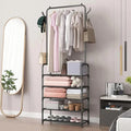 3-in-1 Floor Standing Clothes Rack with Cloths, Bags, Cheppal and Other Home Essentials are Organized.