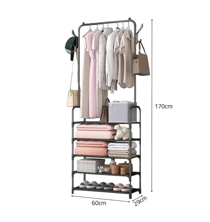 Size Of 3-in-1 Floor Standing Clothes Rack with Cloths, Bags, Cheppal and Other Home Essentials are Organized.