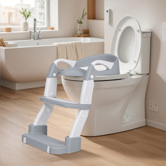 Bathroom with a toilet and a step stool in front of it