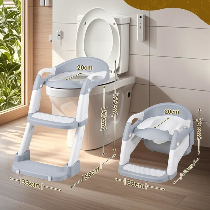 Children's toilet seat with step stool next to a toilet, showing measurements.