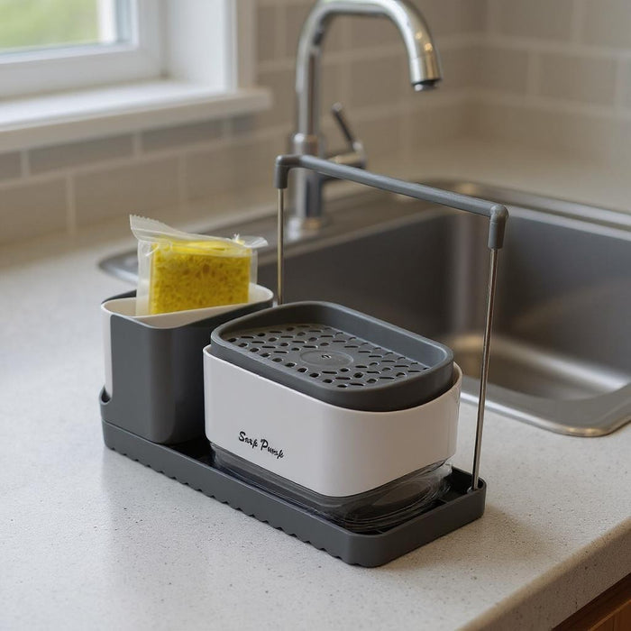 3-in-1 Soap Dispenser with Sponge Holder Placed at Sink Area.