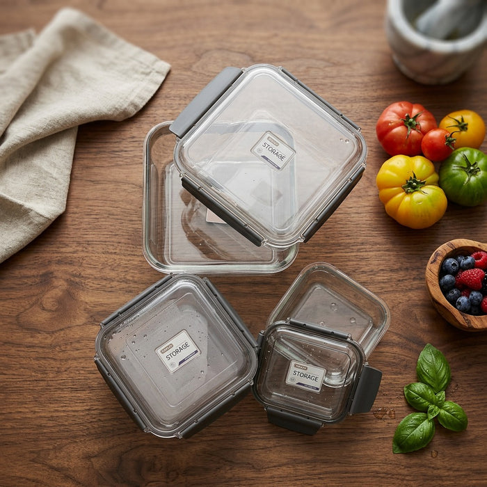 3-Piece Airtight Food Storage Container Set on a wooden table with fresh vegetables and berries.