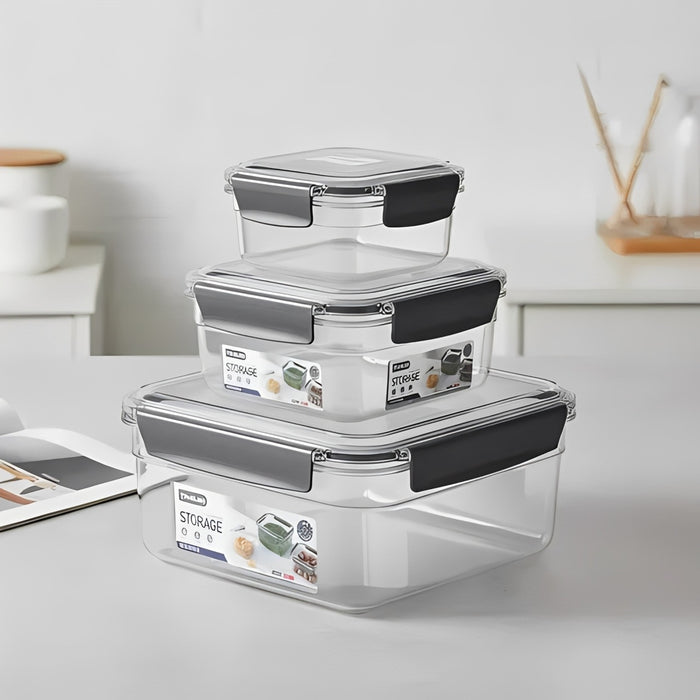 3-Piece Airtight Food Storage Container Set with black lids on a kitchen counter.