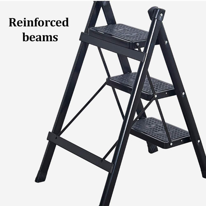 3-Step Stool Ladder with Wide Pedals, Folding Storage Shelf, Load 150 Kg