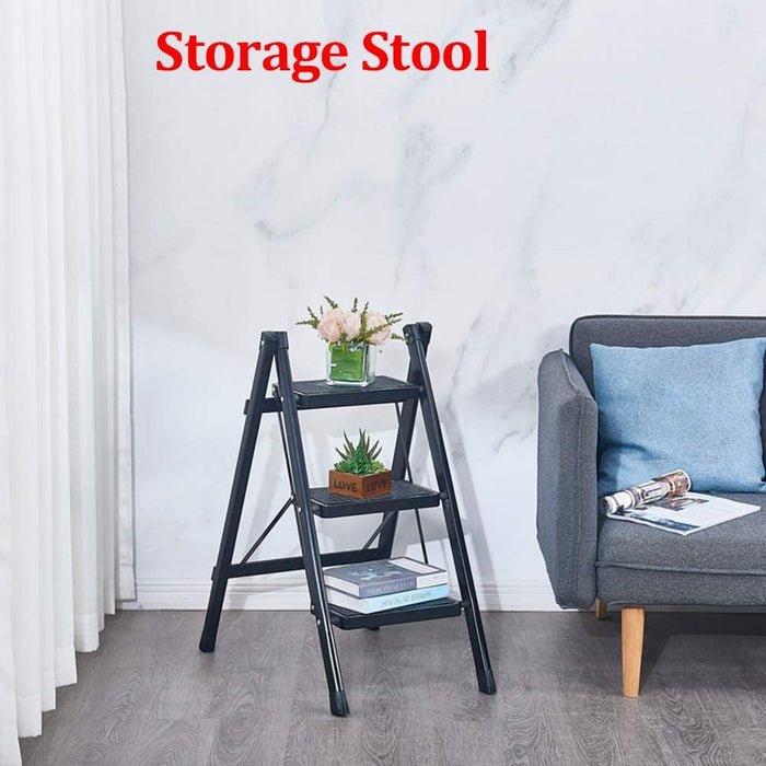 3-Step Stool Ladder with Wide Pedals, Folding Storage Shelf, Load 150 Kg