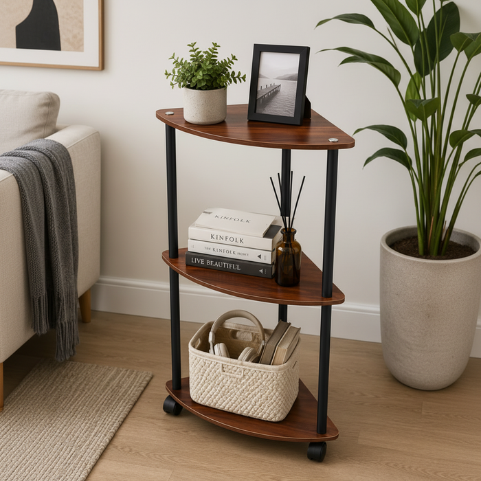 Three-tiered wooden shelf with decorative items in a living room setting