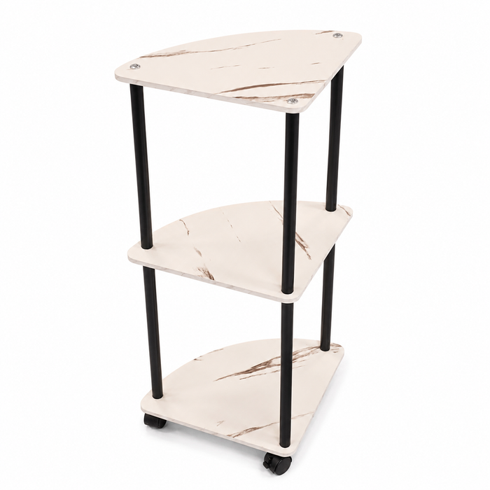 Three-tiered marble-patterned shelf with black legs on a white background