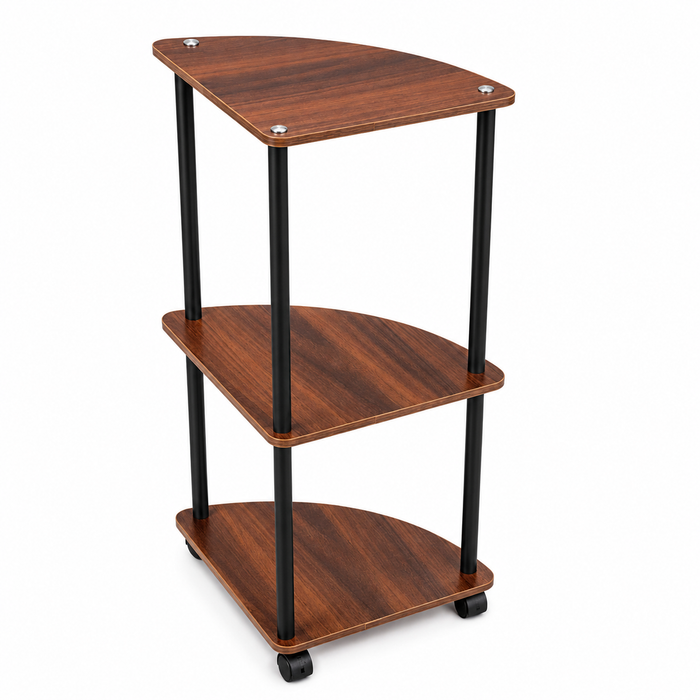 Wooden corner shelf with black metal legs on a white background
