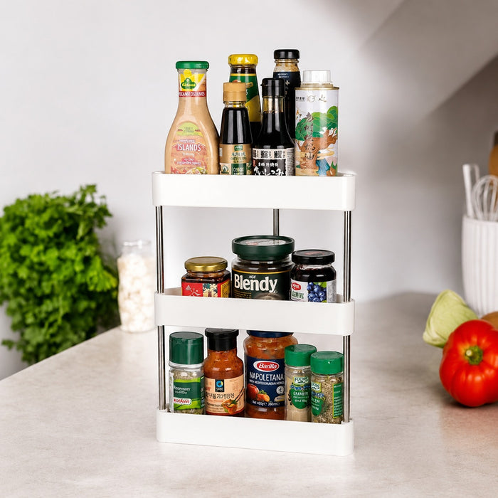 3-Tier Corner Storage Rack with various condiments on a kitchen counter.