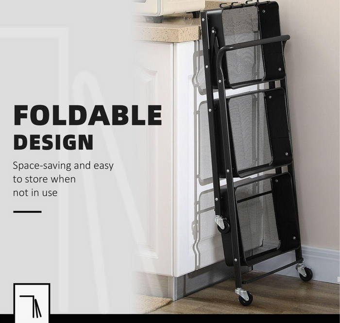 Foldable 3-Tier Rolling Metal Storage Cart with wheels against a white wall, emphasizing its space-saving design.