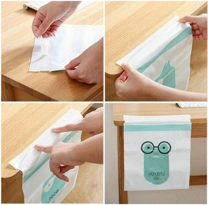 Someone installing Easy Stick Disposable Trash Bags on the table