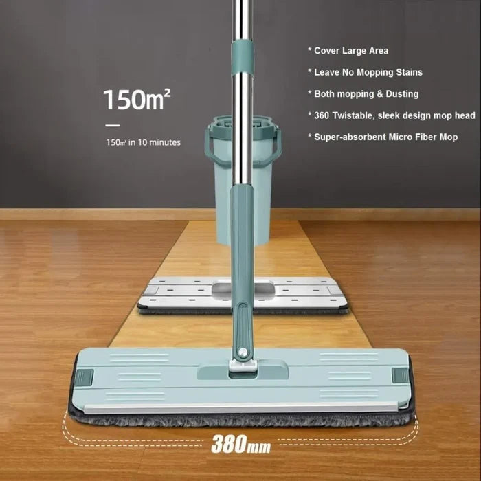 360° 2in1 Flat Mop - Self-Wash And Squeeze Dry Flat Mop With Bucket 2 Mop Pads