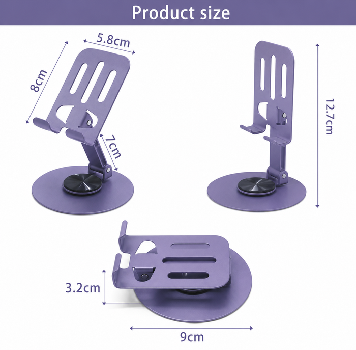 360° Rotating Metal Phone & Tablet Stand with dimensions labeled on a white background