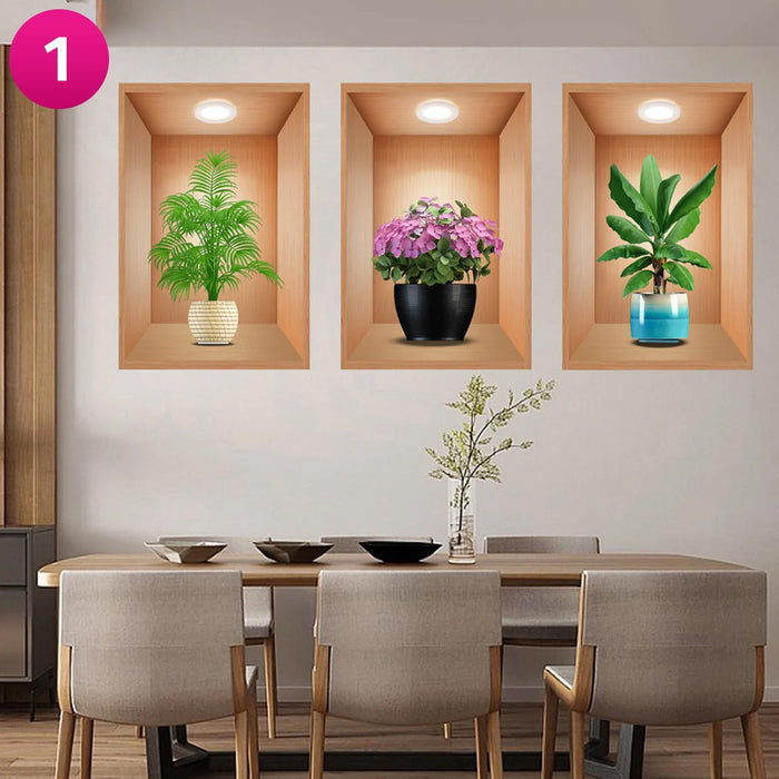 3D Effect Potted Triptych Posters, Decorative Wall Plant Stickers