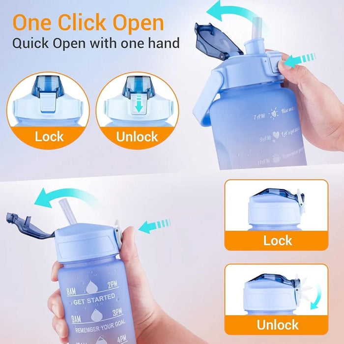 Motivational Sports Water Bottle with Straw & Time Markers to encourage hydration throughout the day .Key features highlighted include a one click open mechanism for quick, and a secure lock / unlock function