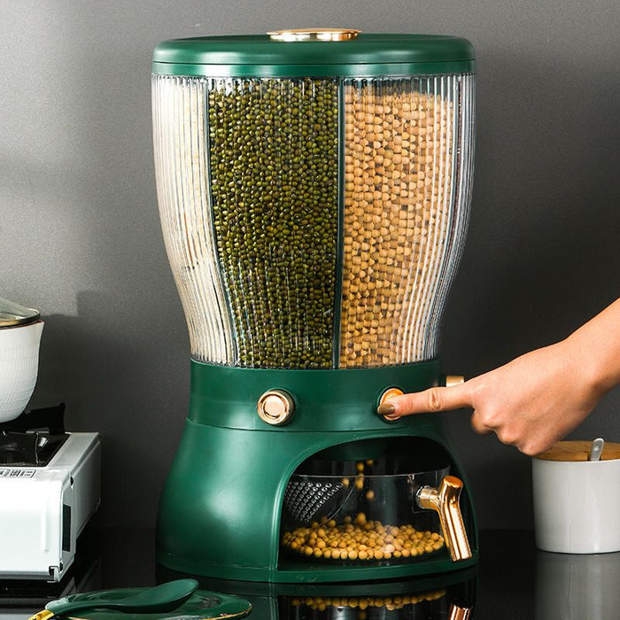 Someone pressing the switch of the 4-Grid 10L Kitchen Dry Food Cereal Rice Dispenser Storage