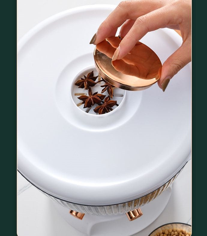 Someone taking the top off the 4-Grid 10L Kitchen Dry Food Cereal Rice Dispenser Storage