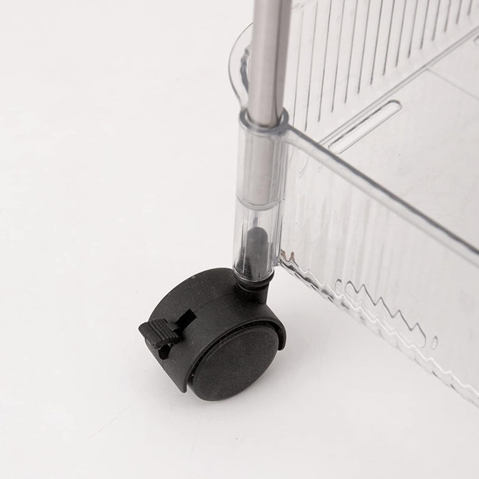 Black wheel of a 4-Tier Rolling Storage Cart.