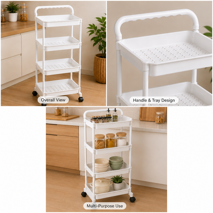 4-Tier Rolling Storage Cart with multiple shelves and a handle, shown from different angles in a kitchen setting.