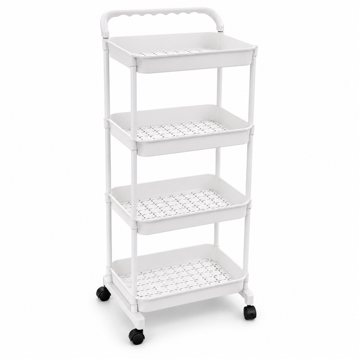 White 4-tier rolling cart with shelves on a white background