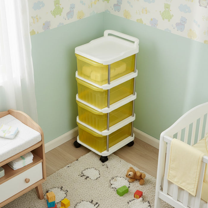 A 4 - Tier Rolling Storage Organizer Rack is Organized with Some Home Essentials.