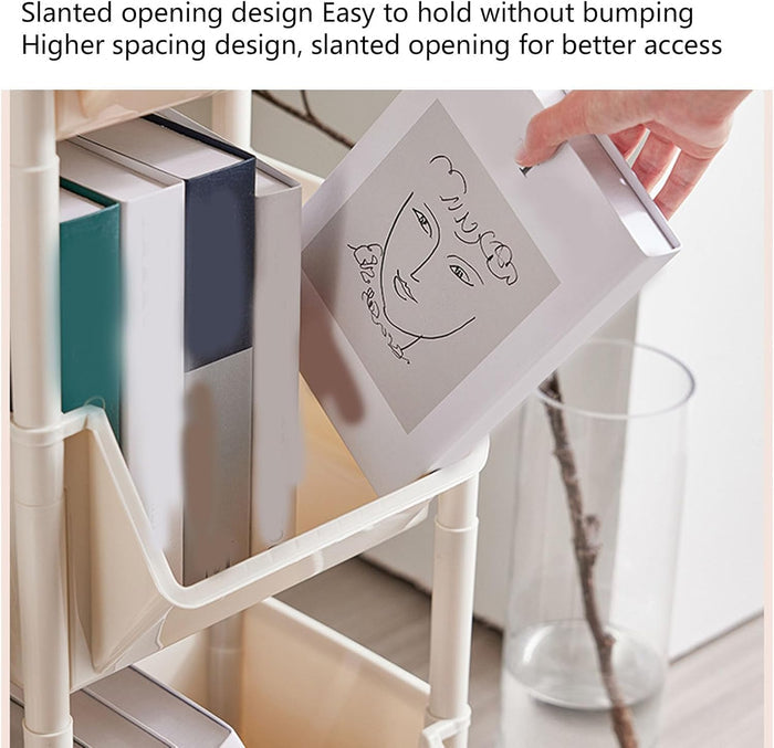 A Person is Picking Book From 4-Tier Rolling Storage Rack Organizer.