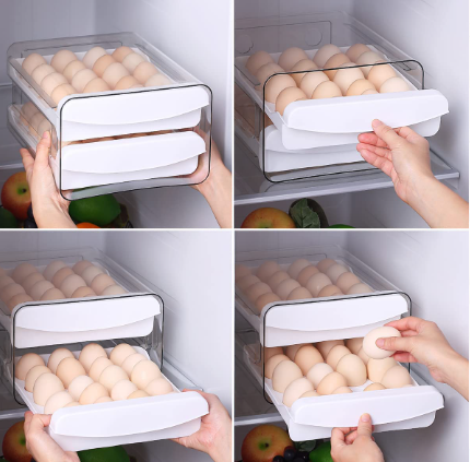 Someone placing Eggs Double Layer into the fridge into the fridge