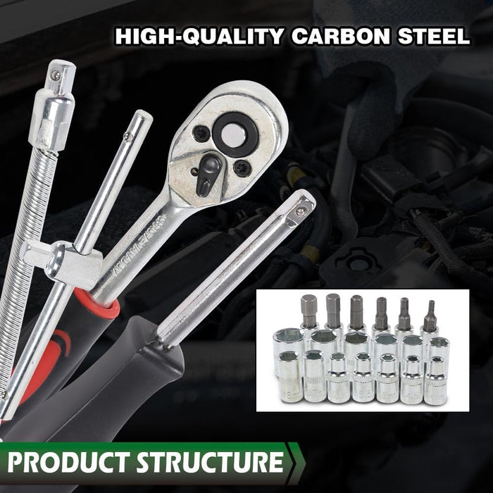 Set of high-quality carbon steel tools with additional sockets from 46 Pieces 1/4-Inch Drive Socket Ratchet Wrench Set on a dark background