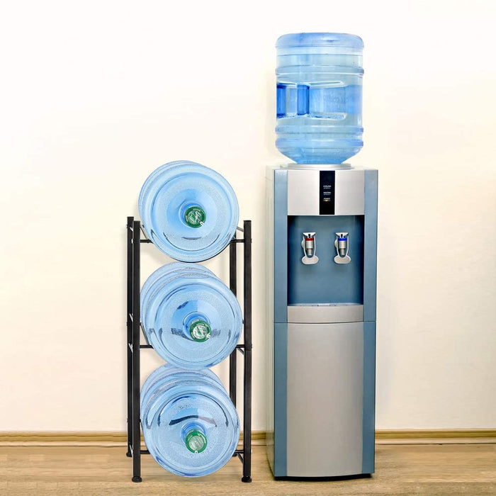 A water cooler with a rack of water bottles