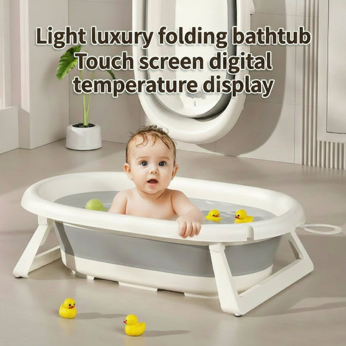 A Baby is Sitting in a 5-in-1  Baby Foldable Bathtub Set.