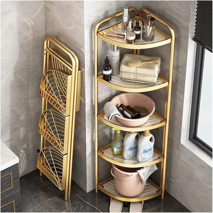 5-Tier Corner Storage Rack is Placed on the Corner Of The Bathroom With Laundry Items.