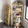5-Tier Corner Storage Rack is Placed on the Corner Of The Bathroom With Laundry Items.