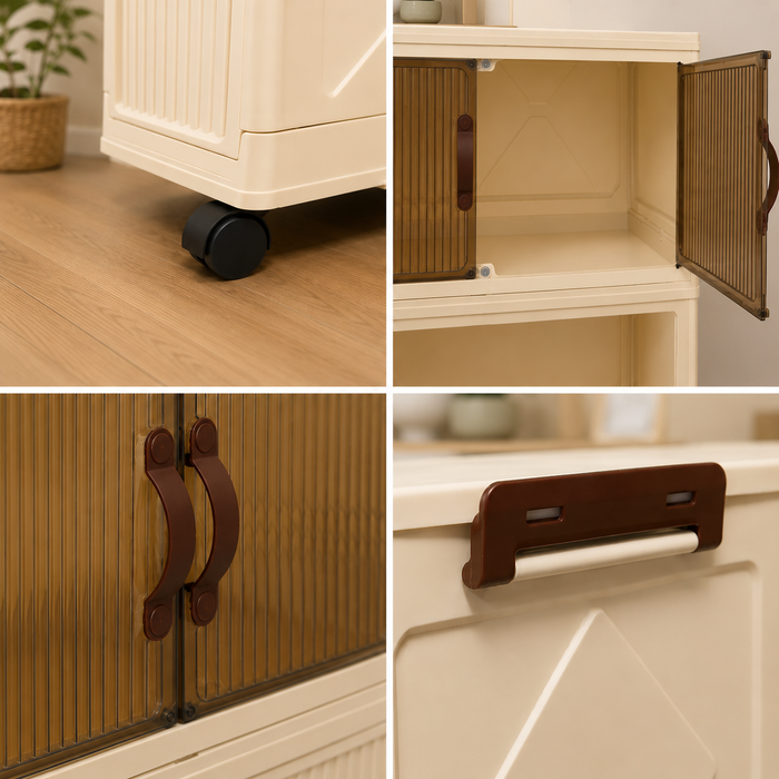 Collage of a 5-Tier Foldable Storage Cabinet with brown handles on a wooden floor.