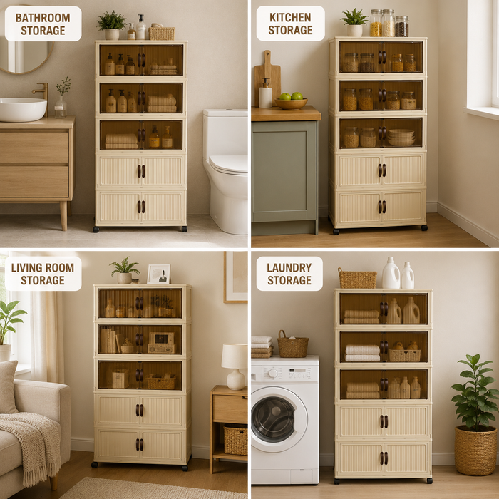 Collage of a 5-Tier Foldable Storage Cabinet  in different rooms including a bathroom, kitchen, living room, and laundry room.
