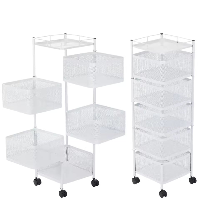Rotating Square Kitchen Storage Rack with multi-layer metal baskets.