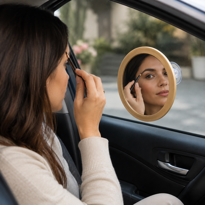 Woman applying makeup in a car using a 5X Magnifying Mirror attached to the window.
