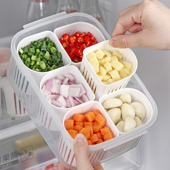 A woman holds a plastic container with food in it. The 6-Grids Useful Refrigerator Food Fresh-keeping Storage Box is perfect for keeping food fresh