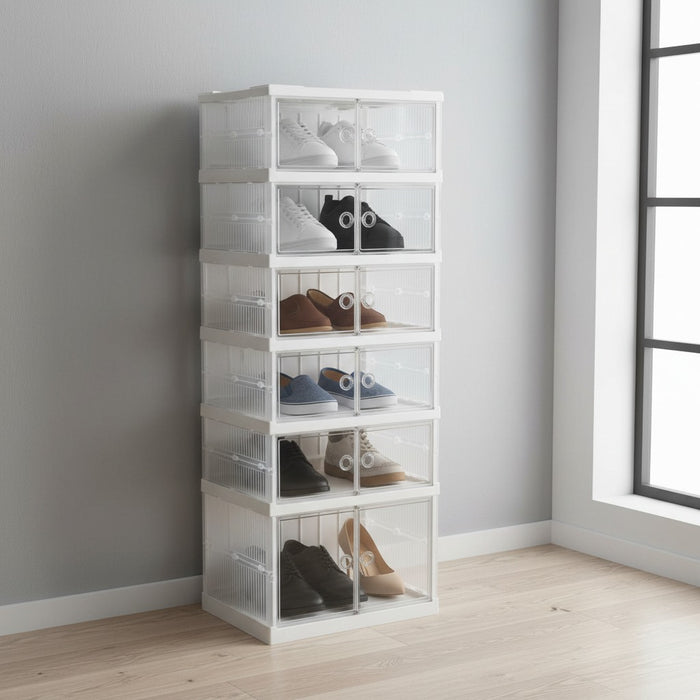 6-Layer Foldable Shoe Storage Cabinet  with shoes inside against a gray wall.