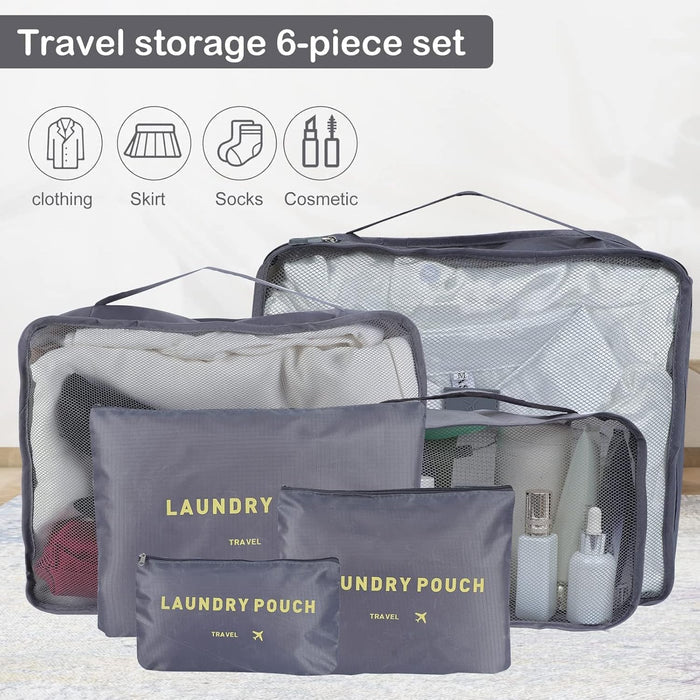 6 Pcs Travel Organizer Bags are Organized with Travel Essentials.