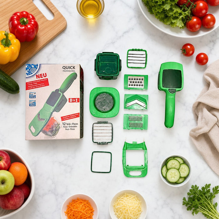 8 in 1 Vegetable Cutter Slicer Grater Set with packaging on a marble surface with vegetables and fruits.